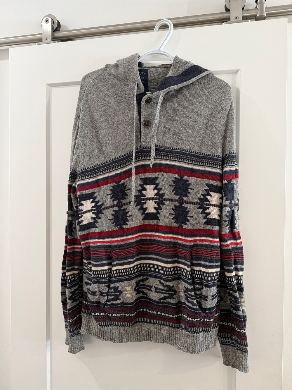 Men's Grey Hooded Pullover Sweater with Aztec Stripe